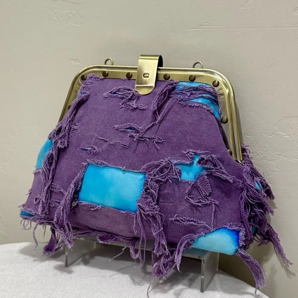 Unique Colorblock Cowhide Leather with Ripped Canvas, Metal Frame Bag, Crossbody